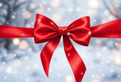 The primary subject of the image is a red bow with a white background. The bow is prominently displayed in the foreground, and the setting appears to be a winter scene with snow falling. The visual style of the image is a close-up of the red bow, and the colors and mood convey a sense of warmth and festivity.